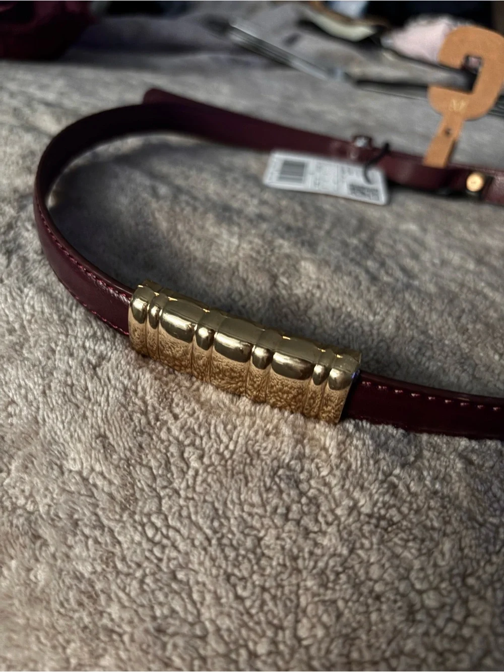Mango Slim Leather Belt with Gold Accent - Plum